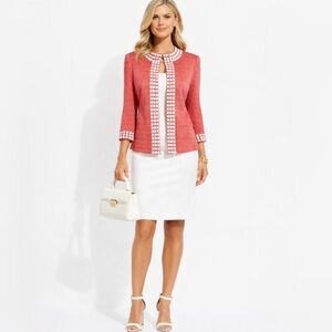 MING WANG Pink Textured Knit Jacket Studded Lattice Trim Open Neck XS💛